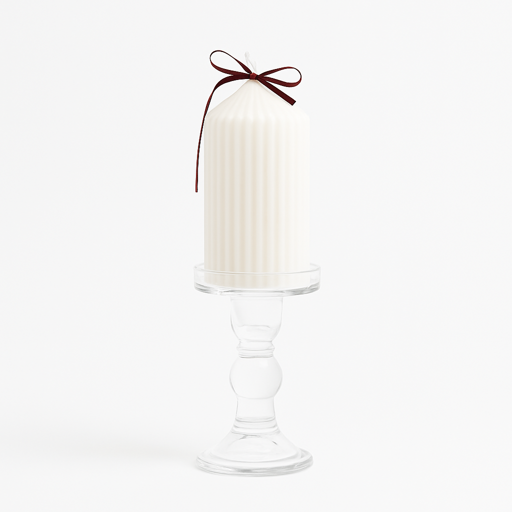 Vela decorativa blanca con diseño acanalado y lazo rojo