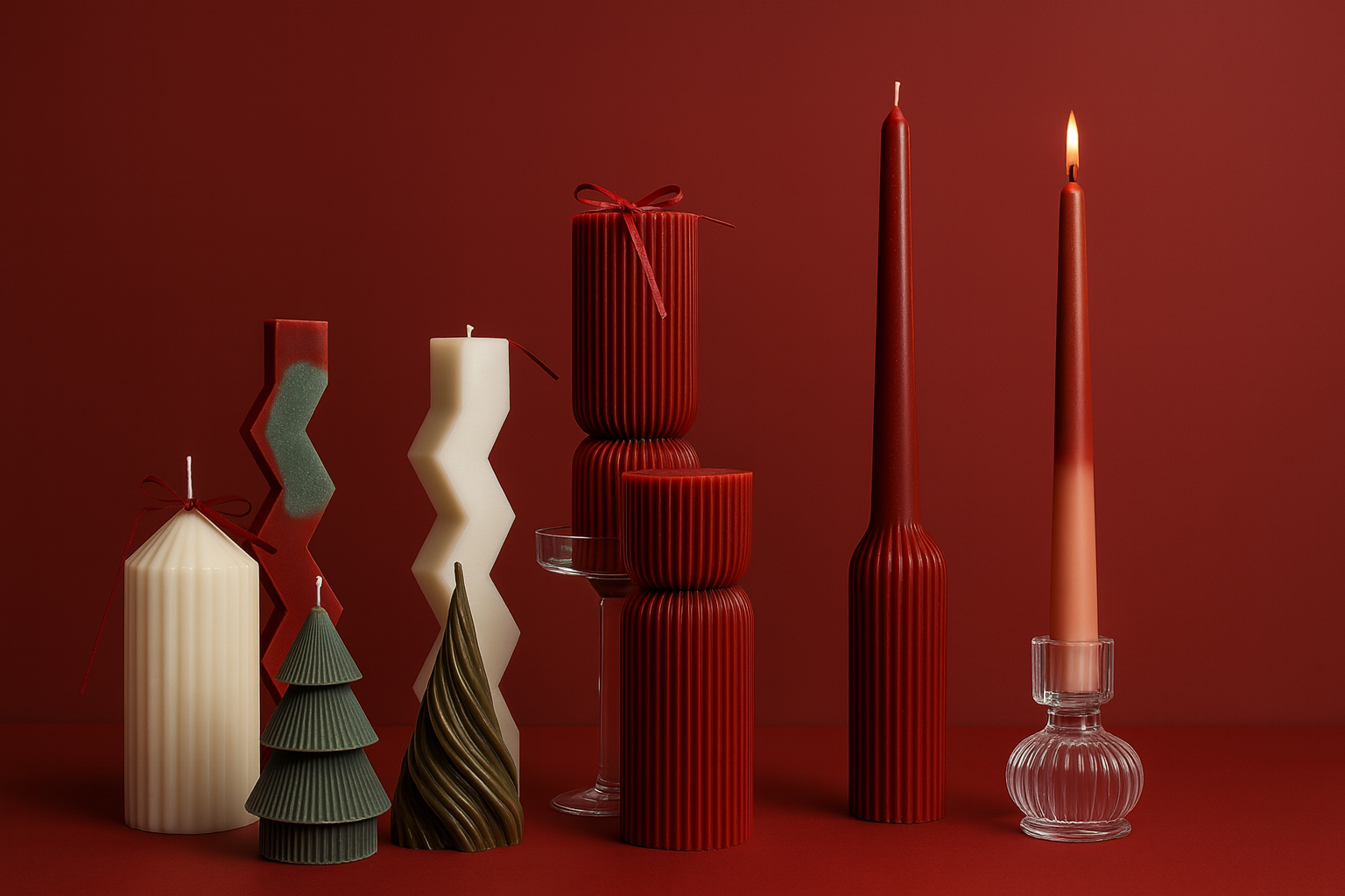 Conjunto de velas decorativas Lumbre para diseño de interior. Colección navideña en fondo rojo.
